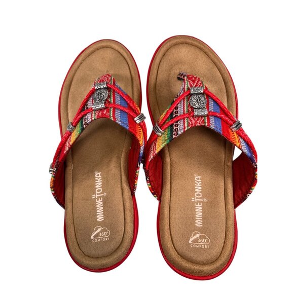 Minnetonka Red Leather Beaded Sandals Flip Flops Thongs 7M Womens Wedge Heel - Picture 4 of 12